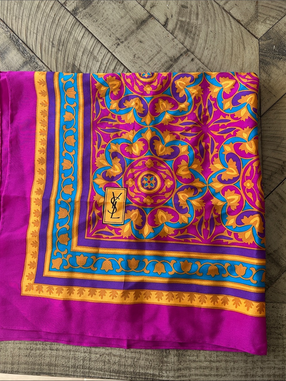 Yves Saint Laurent Fuchsia, Gold and Turquoise Silk-Style Printed Scarf